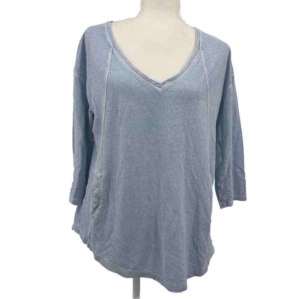 Poetry Shirt Womens US8 Blue 3/4 Sleeve Blouse Hemp Cotton Casual V Neck Top